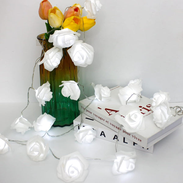 6.6ft Battery Operated 20 LED White Rose Flower String Lights