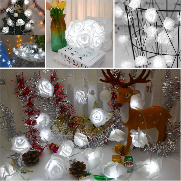 6.6ft Battery Operated 20 LED White Rose Flower String Lights