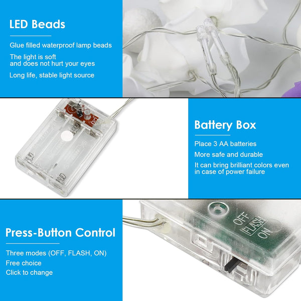 6.6ft Battery Operated 20 LED White Rose Flower String Lights