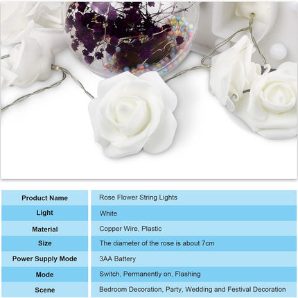 6.6ft Battery Operated 20 LED White Rose Flower String Lights