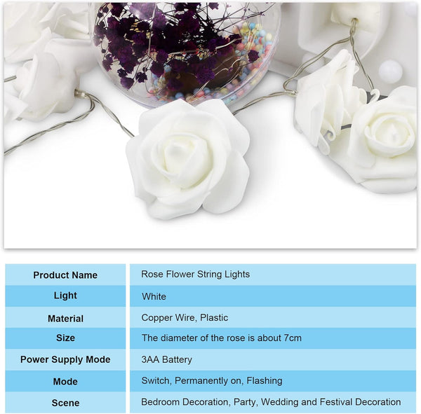 6.6ft Battery Operated 20 LED White Rose Flower String Lights