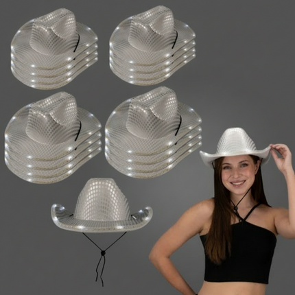 LED Light Up Flashing Sequin White Cowboy Hat - Pack of 18 Hats