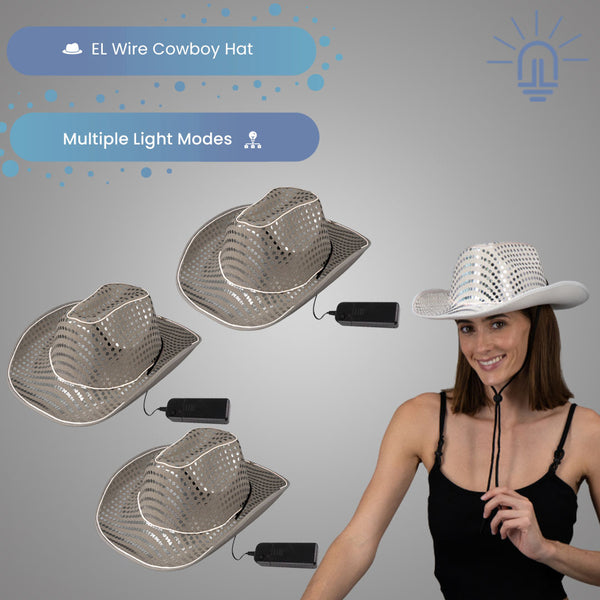 LED Flashing EL Wire Sequin White Cowboy Party Hat - Pack of 3 Hats
