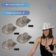 LED Flashing EL Wire White Sequin Cowboy Party Hat - Pack of 4 Hats