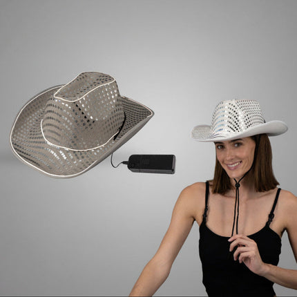 White Sequin LED Flashing El Wire Glow Cowboy Hat
