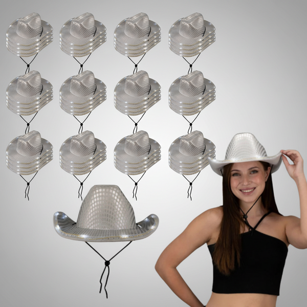 LED Light Up Flashing Sequin White Cowboy Hats - Pack of 36 Hats
