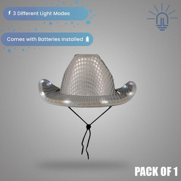 LED Light Up Flashing White Cowboy Hat With Sequins | PartyGlowz