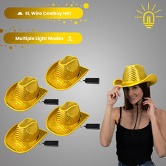 LED Flashing Gold EL Wire Sequin Cowboy Party Hat - Pack of 4 Hats
