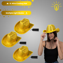 LED Flashing Gold EL Wire Sequin Cowboy Party Hat - Pack of 3 Hats
