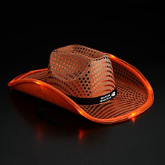 Personalized LED Light Up Flashing Orange Sequin Cowboy Hat - Pack of 20 Custom Hats