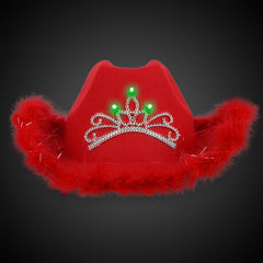 LED Light Up Feather Red Cowboy Hat With Tiara