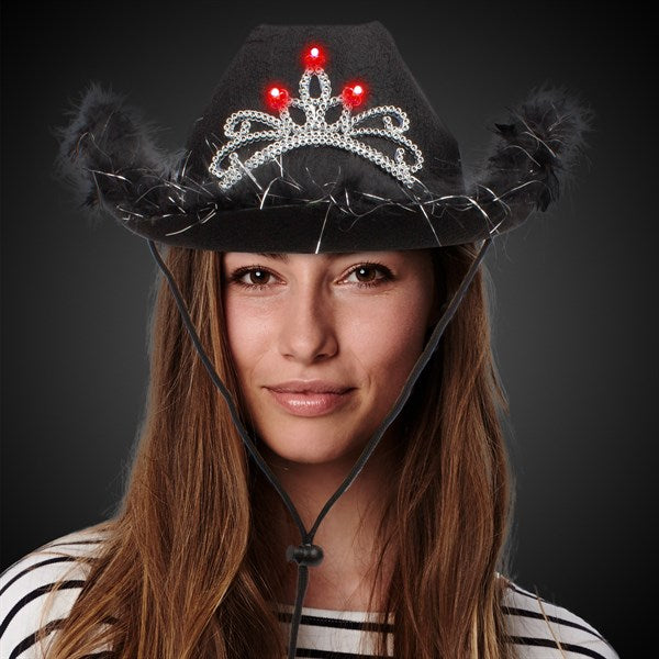 LED Light Up Feather Black Cowboy Hat With Tiara