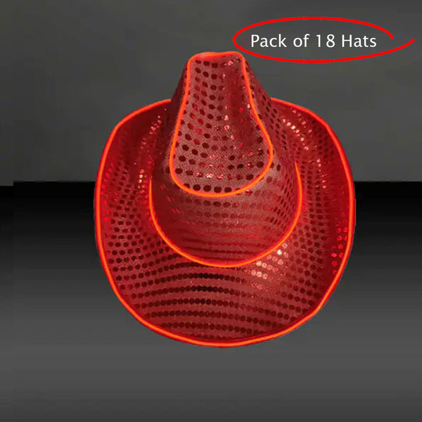 LED Flashing Neon Red EL Wire Sequin Cowboy Party Hat - Pack of 18 Hats