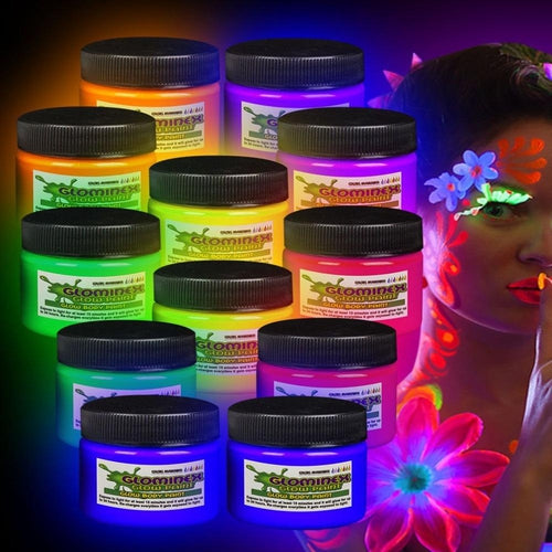 Glominex Glow Body Paint 1oz Jars - 12 Colors Assorted
