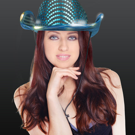 LED Light Up Flashing Teal Cowboy Hat With Sequins