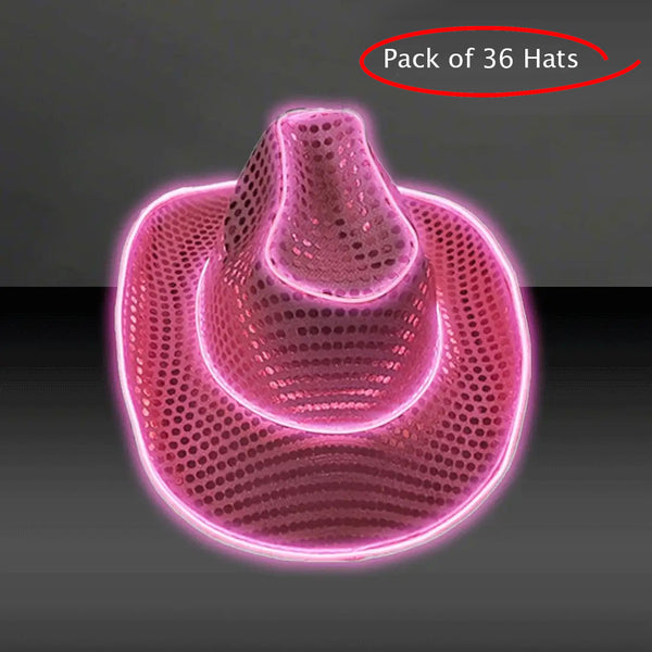 LED Flashing Pink EL Wire Sequin Cowboy Party Hat - Pack of 36 Hats
