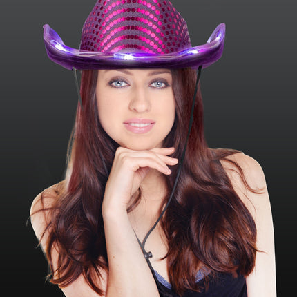Purple LED Light Up Flashing Cowboy Hat With Sequins