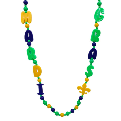 40 Purple, Green And Yellow Mardi Gras And Fleur De Lis Beaded Necklace