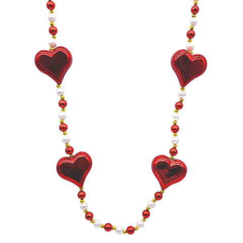 42 Inches Red Heart With Pearl Beaded Necklace