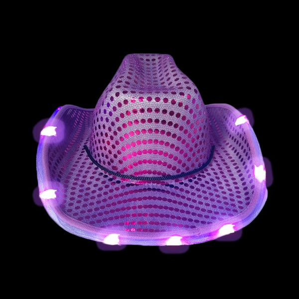 Personalized LED Light Up Flashing Purple Sequin Cowboy Hat - Pack of 20 Custom Hats