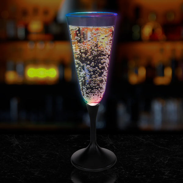 LED Light Up Flashing 7 Oz Champagne Frosted Flute Glass With Black Stem - Multi Color