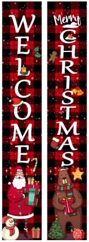 Welcome Christmas Banner Set Red And Black Plaid 12 In X 72 In