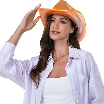 Light Up EL Wire Orange Iridescent Holographic Space Cowboy Cowgirl Hat