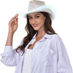 Light Up EL Wire Neon Iridescent Holographic Space Cowboy Cowgirl Hat - White