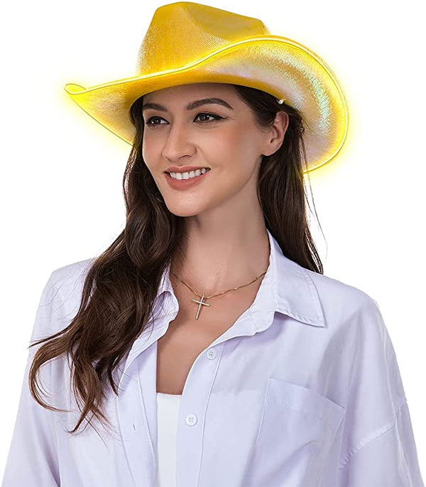 Light Up EL Wire Neon Iridescent Holographic Space Cowboy Cowgirl Hat - Gold