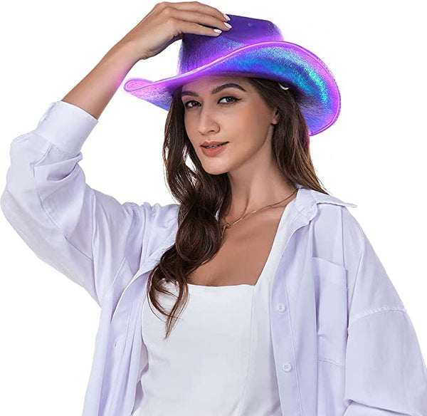 Light Up EL Wire Neon Iridescent Holographic Space Cowboy Cowgirl Hat - Purple