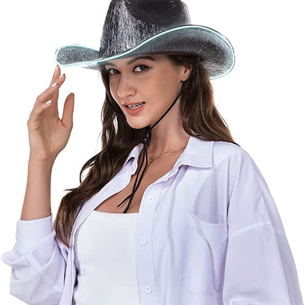 Light Up EL Wire Black Iridescent Holographic Space Cowboy Cowgirl Hat