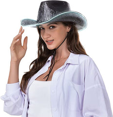 Light Up EL Wire Neon Iridescent Holographic Space Cowboy Cowgirl Hat - Black