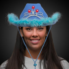 LED Light Up Blue Feather Cowboy Hat With Tiara