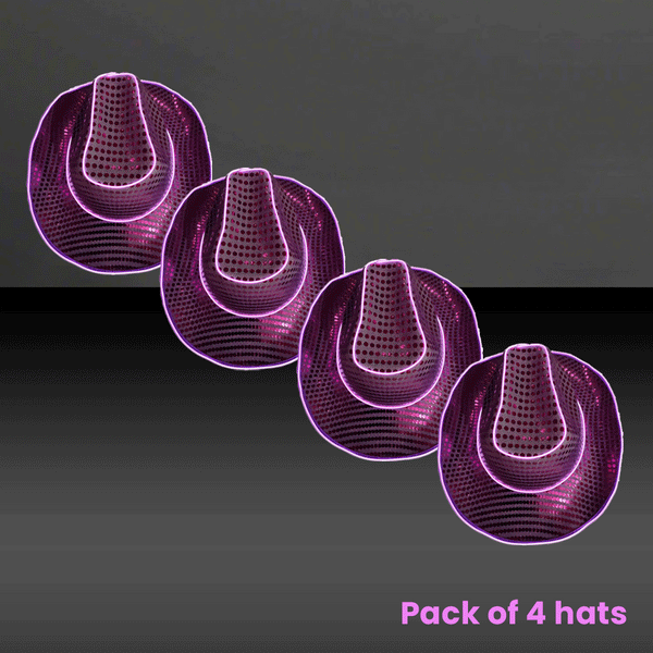 LED Flashing Purple EL Wire Sequin Cowboy Party Hat - Pack of 4 Hats