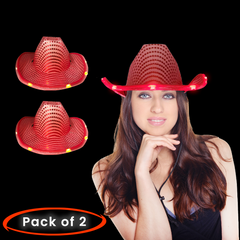 LED Flashing Red Cowboy Hat With Sequins Pack of 2