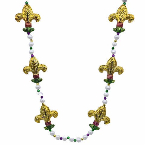 42 Purple, Green And Gold Fleur De Lis Mardi Gras Beads