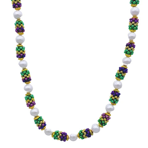 42 Mardi Gras Purple, Green And Gold Bead Necklace With White Pearl