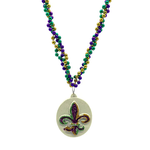 36" Fleur De Lis Glitter Medallion Mardi Gras Beads