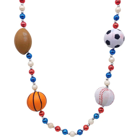 42 Four Sportsball Handstrung With Red, White, Blue Alternating Beads, Gold Spacers