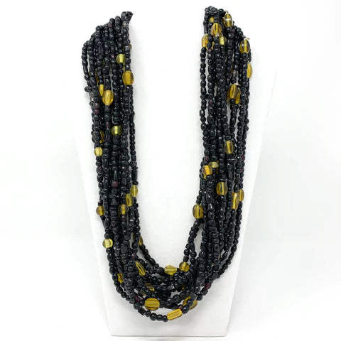 27 Black Glass Bead Necklace with Yellow Beads Insert