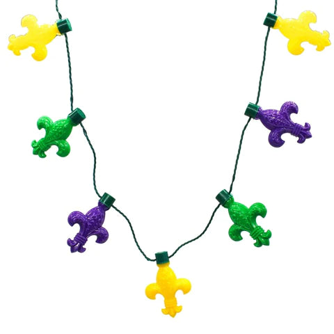 LED Light Up Purple, Green And Yellow Fleur De Lis Necklace