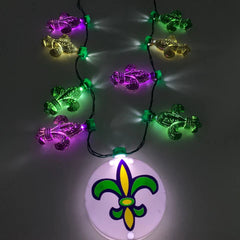 LED Light Up Metallic Fleur De Lis Necklace With Fleur De Lis On Disc