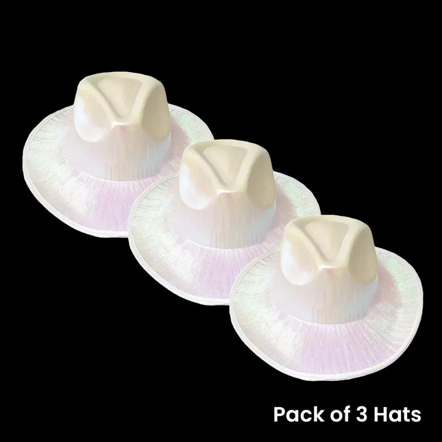 Holographic Iridescent Glitter Space White Cowboy Hats - Pack of 3