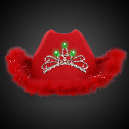 LED Light Up Feather Red Cowboy Hat With Tiara
