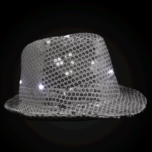 LED Light Up Flashing Silver Fedora Hat with Sequins