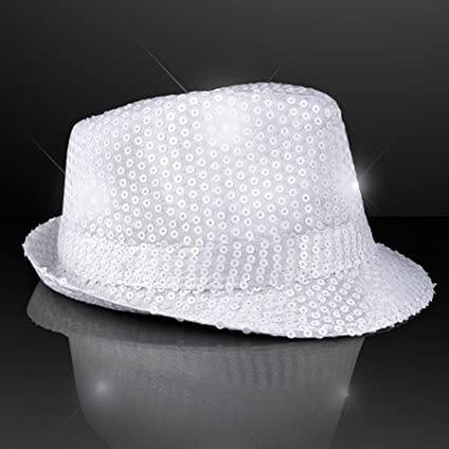 LED Light Up Flashing White Fedora Hat with Sequins