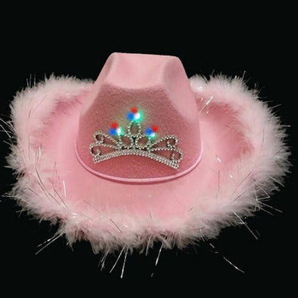 LED Light Up Pink Feather Cowboy Hat With Tiara