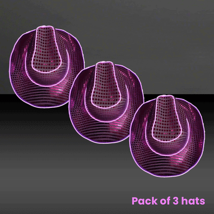 LED Flashing Purple EL Wire Sequin Cowboy Party Hat - Pack of 3 Hats