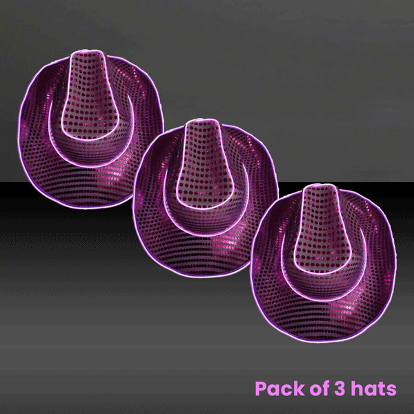 LED Flashing Purple EL Wire Sequin Cowboy Party Hat - Pack of 3 Hats