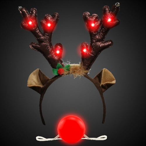 LED Reindeer Kit - Light Up Antlers Headband & Red Nose